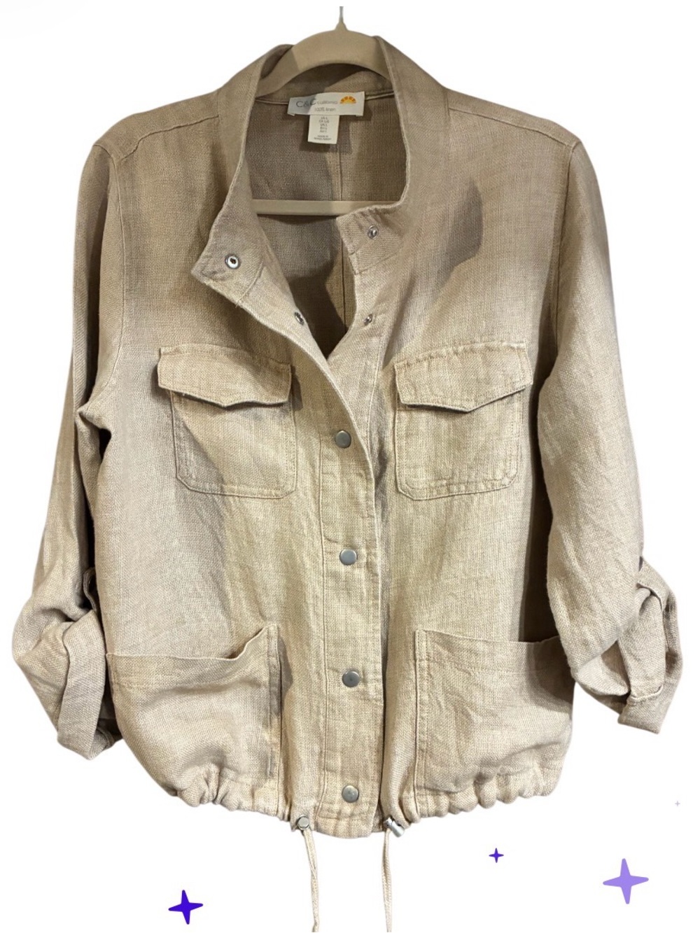 C&C California Beige Utility Jacket with Snap Front- 100% Beige Linen